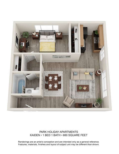 Floor plan for 1 bed, 1 bath, 660 sqft